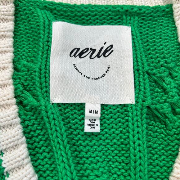 Aerie Sweater Green Cable Knit Cotton V-Neck Varsity Preppy Fall Medium - Picture 4 of 8